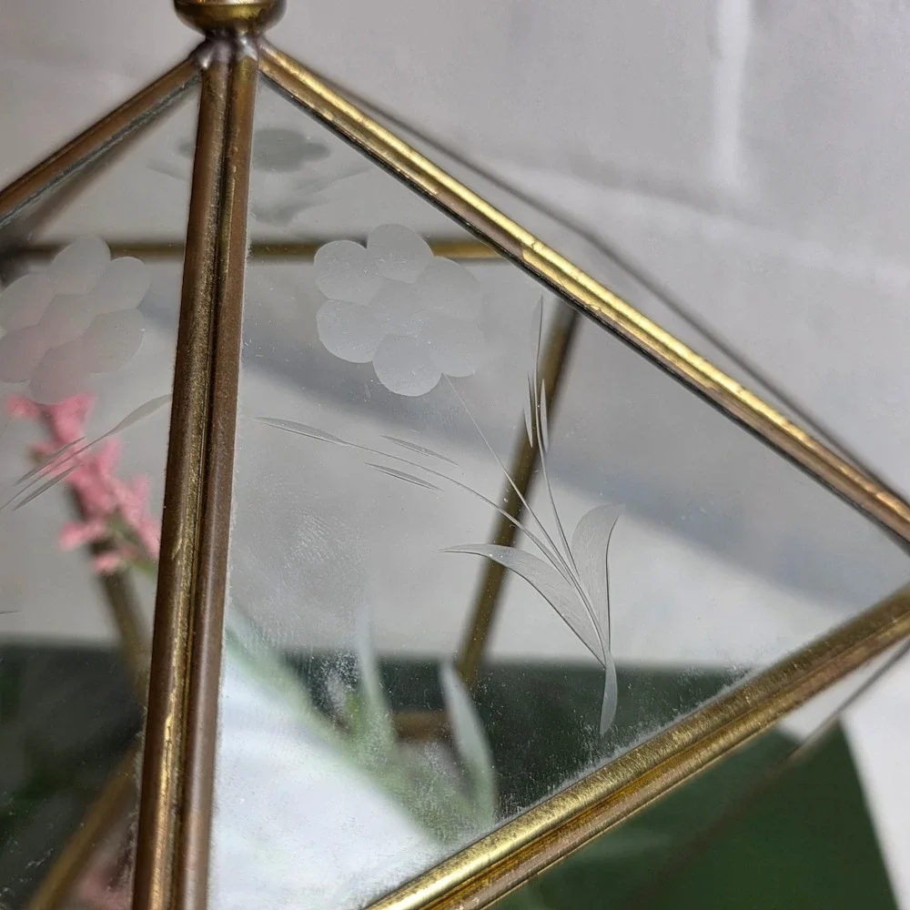 Vintage Brass Etched Glass Geometric Trinket Box Terrarium Mirrored Floral